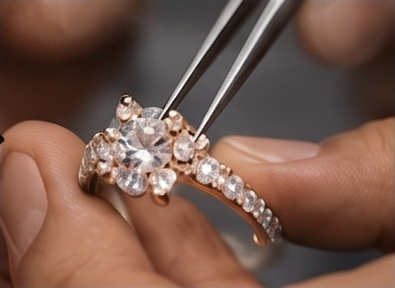 Master diamond setter placing gemstones into gold ring
